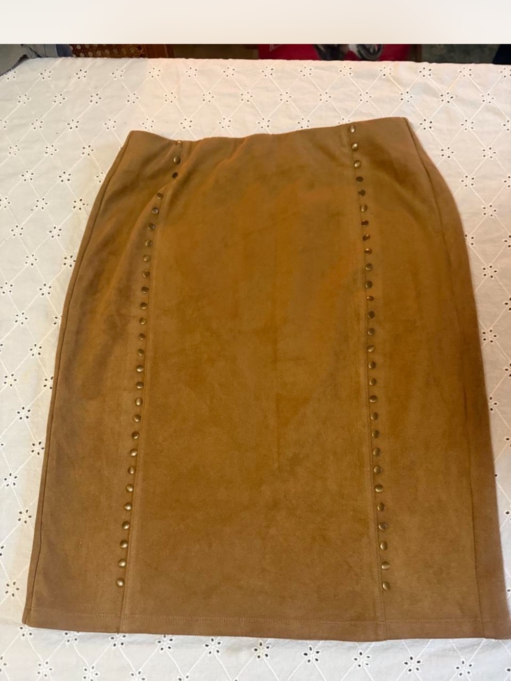 Sabrina Lauren Women's Suede Pencil Skirt - Camel Brown with Stud Detail